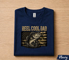 Reel Cool Dad Fishing Shirt, Funny Dad Gift T-Shirt, Bass Fishing American Flag Tee, Fathers Day Gift for Husband Papa Birthday Shirt