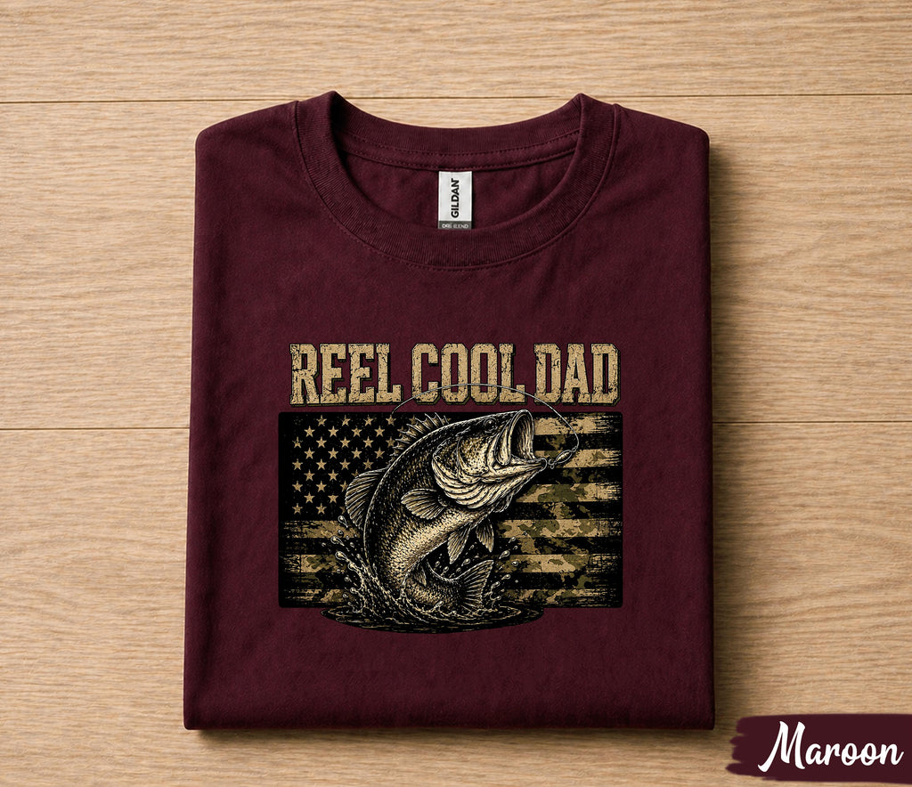 Reel Cool Dad Fishing Shirt, Funny Dad Gift T-Shirt, Bass Fishing American Flag Tee, Fathers Day Gift for Husband Papa Birthday Shirt