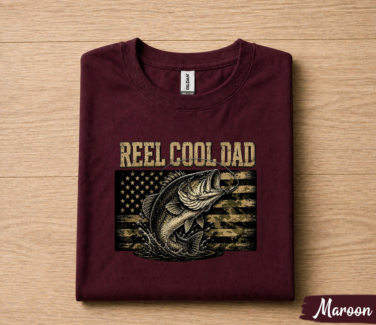 Reel Cool Dad Fishing Shirt, Funny Dad Gift T-Shirt, Bass Fishing American Flag Tee, Fathers Day Gift for Husband Papa Birthday Shirt