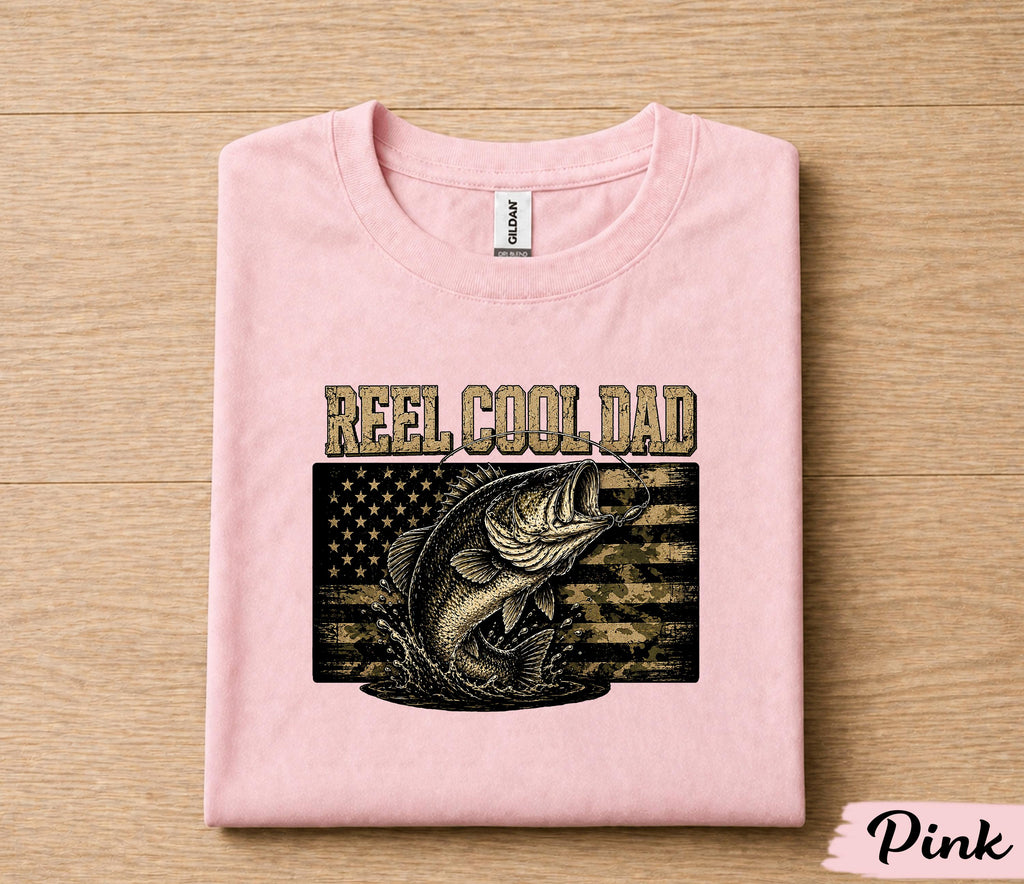 Reel Cool Dad Fishing Shirt, Funny Dad Gift T-Shirt, Bass Fishing American Flag Tee, Fathers Day Gift for Husband Papa Birthday Shirt