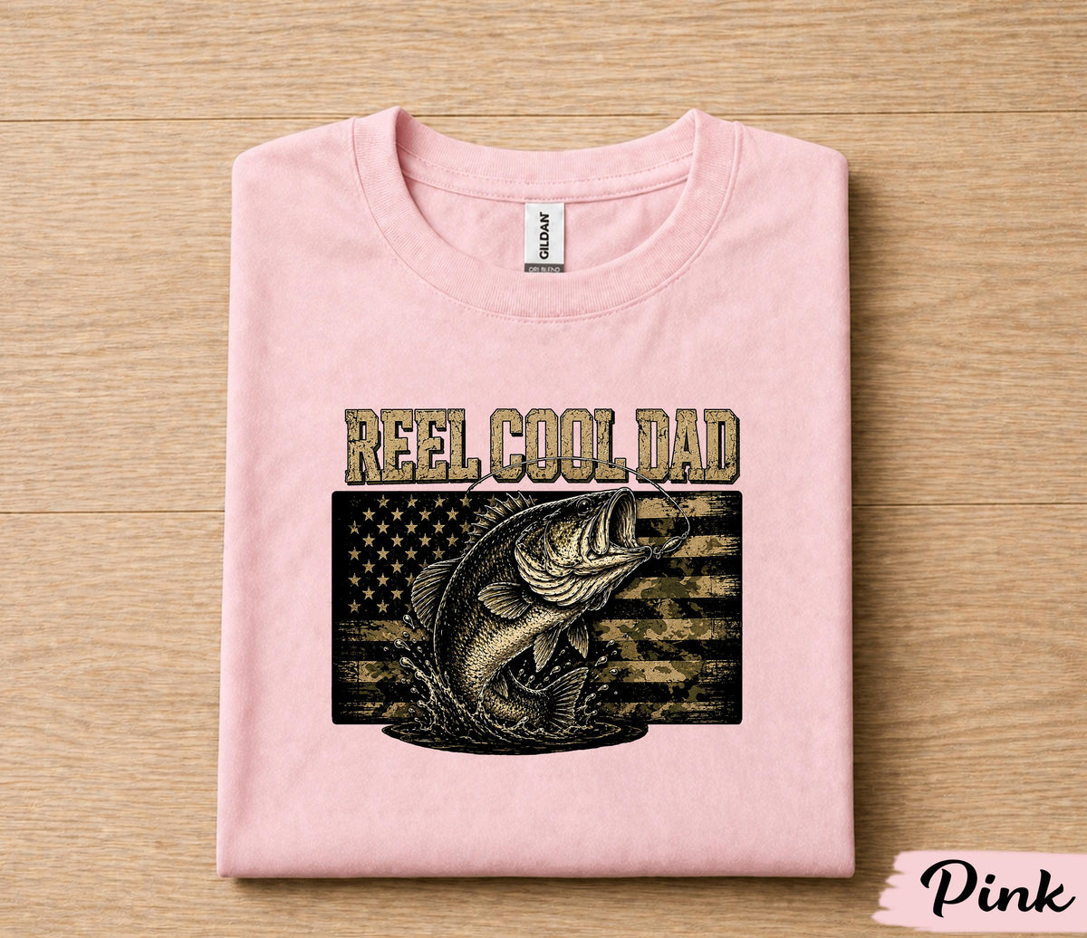 Reel Cool Dad Fishing Shirt, Funny Dad Gift T-Shirt, Bass Fishing American Flag Tee, Fathers Day Gift for Husband Papa Birthday Shirt