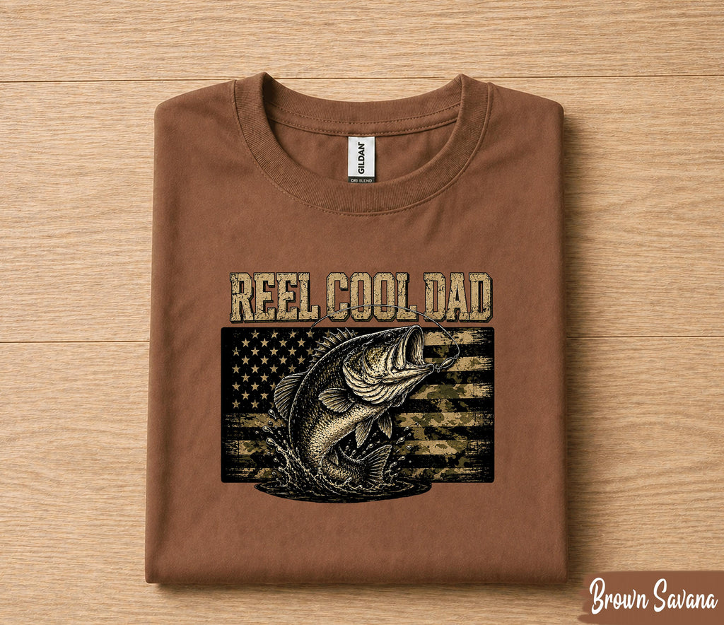Reel Cool Dad Fishing Shirt, Funny Dad Gift T-Shirt, Bass Fishing American Flag Tee, Fathers Day Gift for Husband Papa Birthday Shirt
