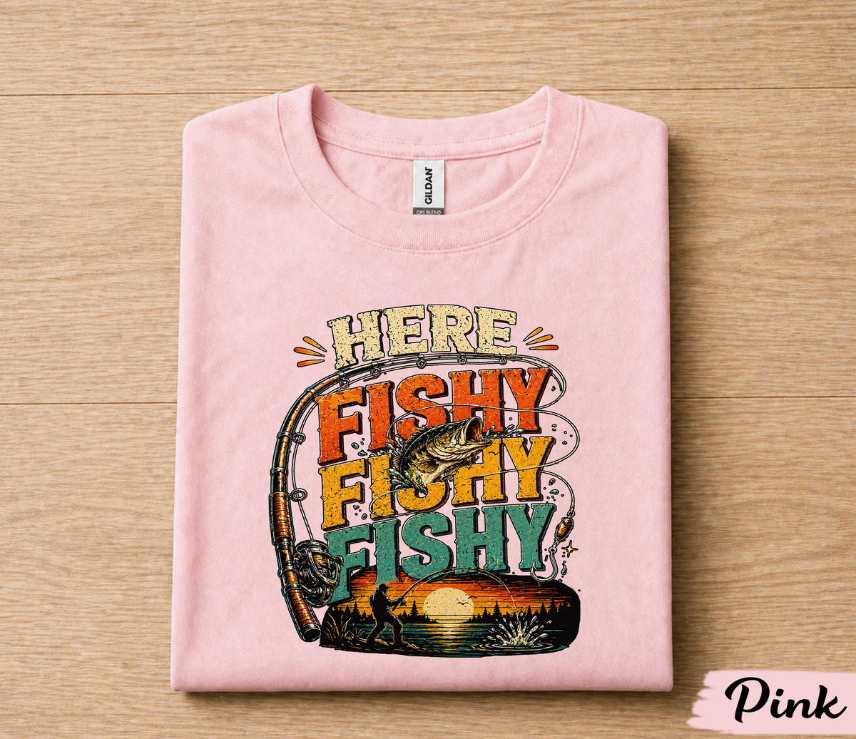 Here Fishy Fishy Fishing Shirt for Dad, Funny Fisherman Tee Gift, Vintage Sunset Fishing T-Shirt, Fathers Day Gift for Husband Papa