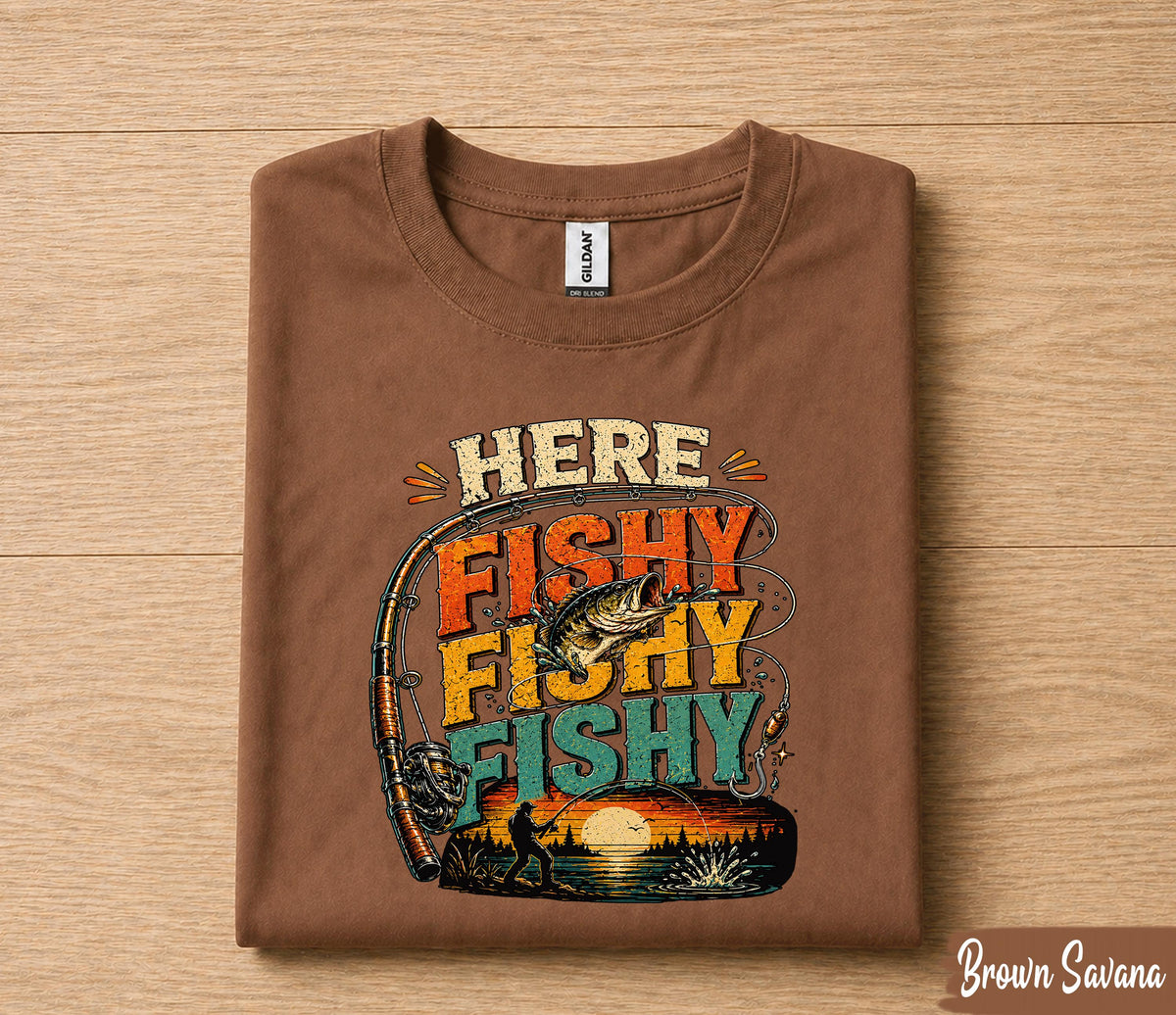 Here Fishy Fishy Fishing Shirt for Dad, Funny Fisherman Tee Gift, Vintage Sunset Fishing T-Shirt, Fathers Day Gift for Husband Papa