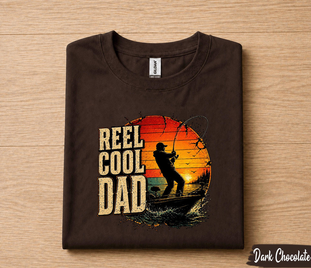Reel Cool Dad Fishing Shirt Vintage Sunset Fisherman Tee, Funny Dad Gift for Fathers Day, Bass Fishing Lover T-Shirt Husband Papa