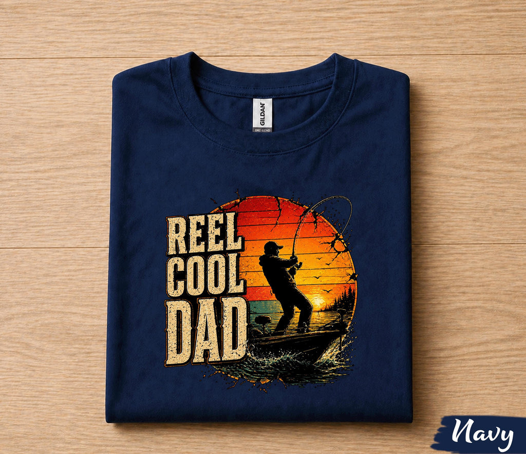 Reel Cool Dad Fishing Shirt Vintage Sunset Fisherman Tee, Funny Dad Gift for Fathers Day, Bass Fishing Lover T-Shirt Husband Papa