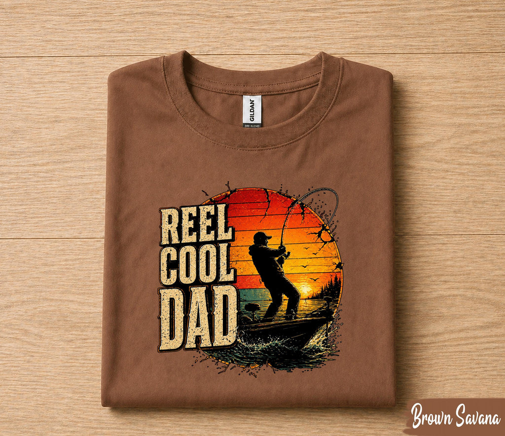 Reel Cool Dad Fishing Shirt Vintage Sunset Fisherman Tee, Funny Dad Gift for Fathers Day, Bass Fishing Lover T-Shirt Husband Papa