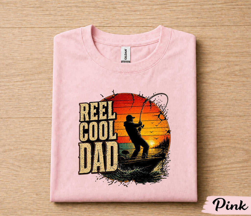 Reel Cool Dad Fishing Shirt Vintage Sunset Fisherman Tee, Funny Dad Gift for Fathers Day, Bass Fishing Lover T-Shirt Husband Papa