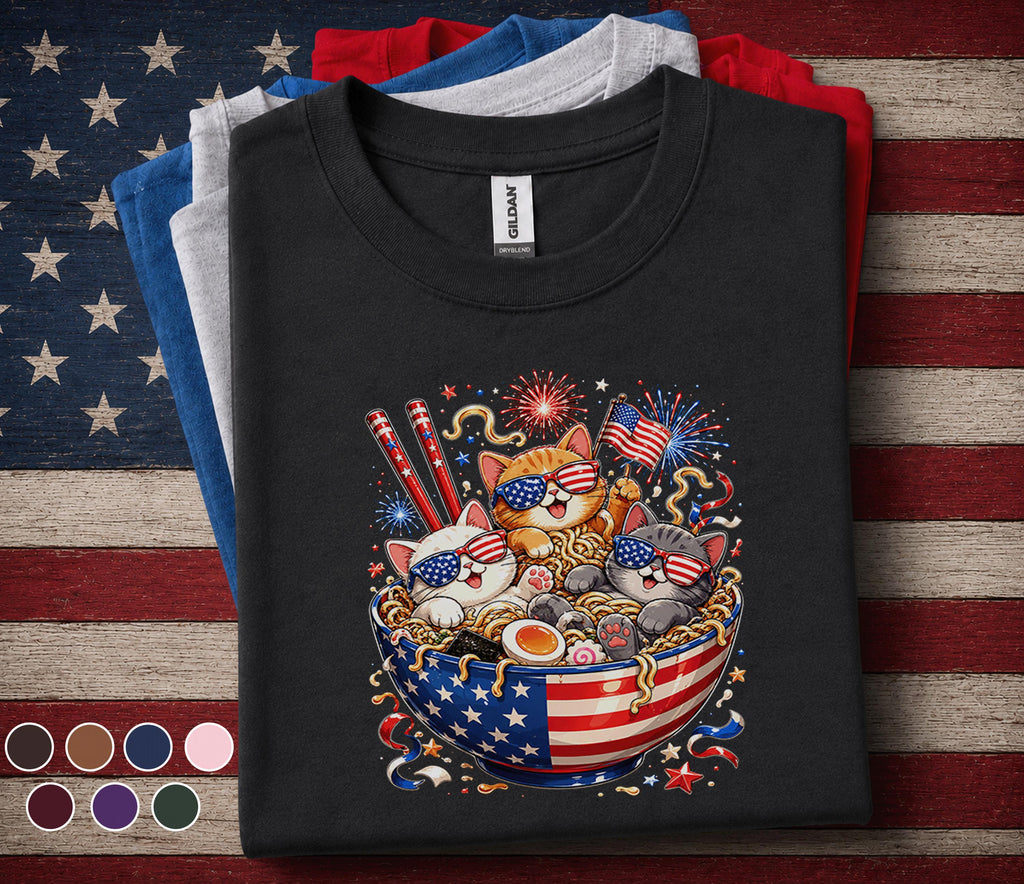 4th of July Cat Shirt, Patriotic Ramen Cat Tee