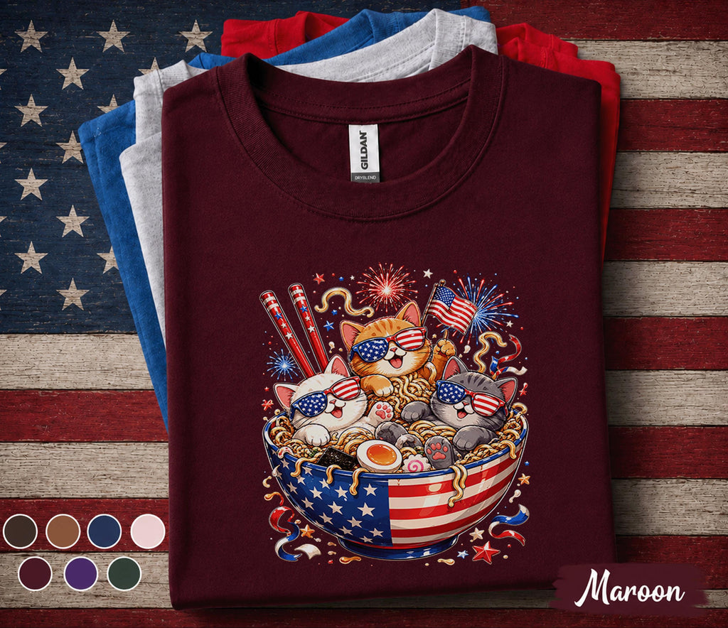 4th of July Cat Shirt, Patriotic Ramen Cat Tee, Funny American Flag Kittens T Shirt, Independence Day Fireworks Gift Top Forth of July