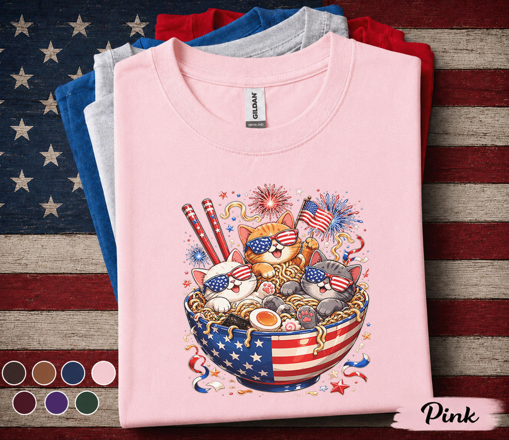 4th of July Cat Shirt, Patriotic Ramen Cat Tee, Funny American Flag Kittens T Shirt, Independence Day Fireworks Gift Top Forth of July