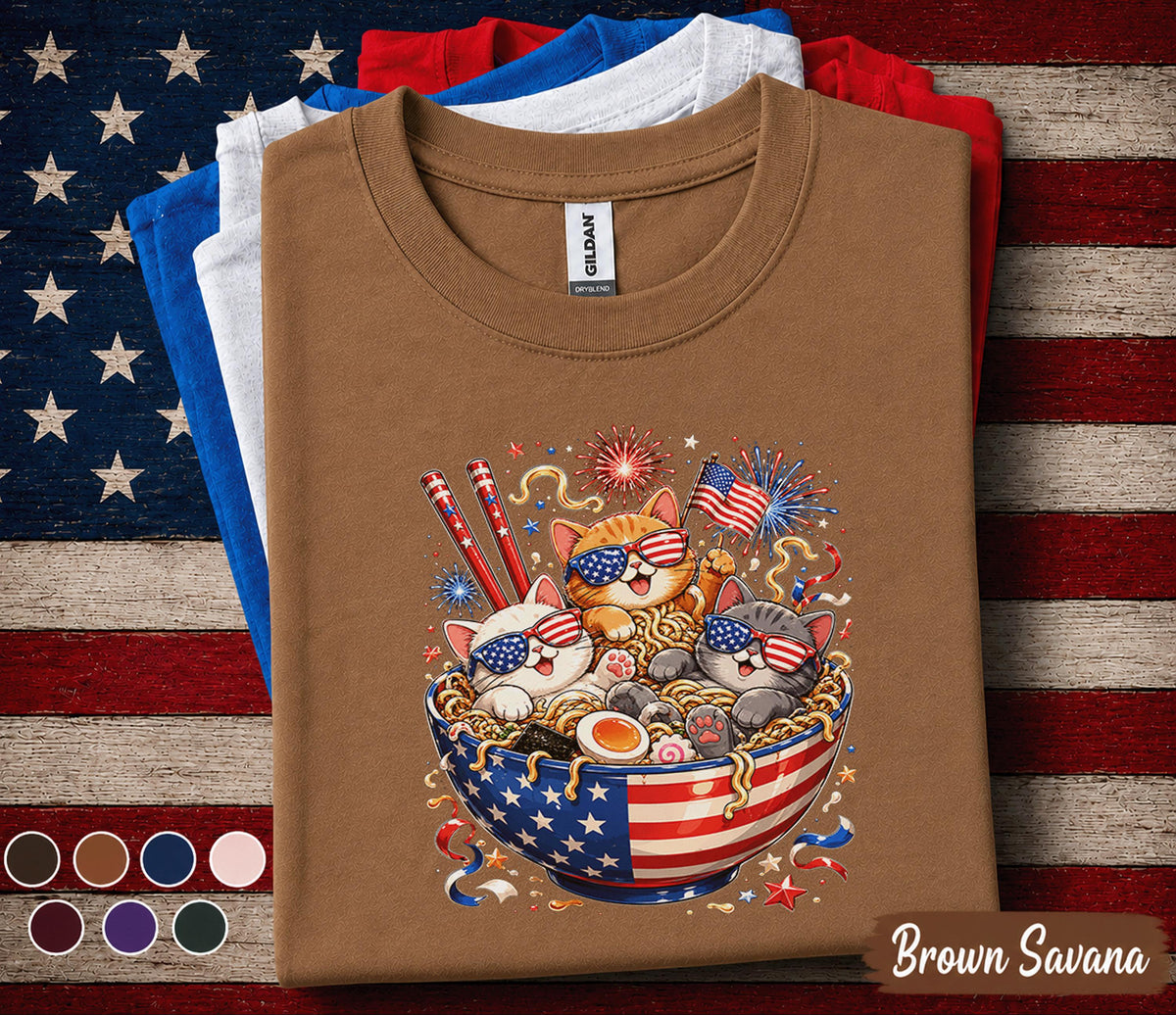 4th of July Cat Shirt, Patriotic Ramen Cat Tee, Funny American Flag Kittens T Shirt, Independence Day Fireworks Gift Top Forth of July