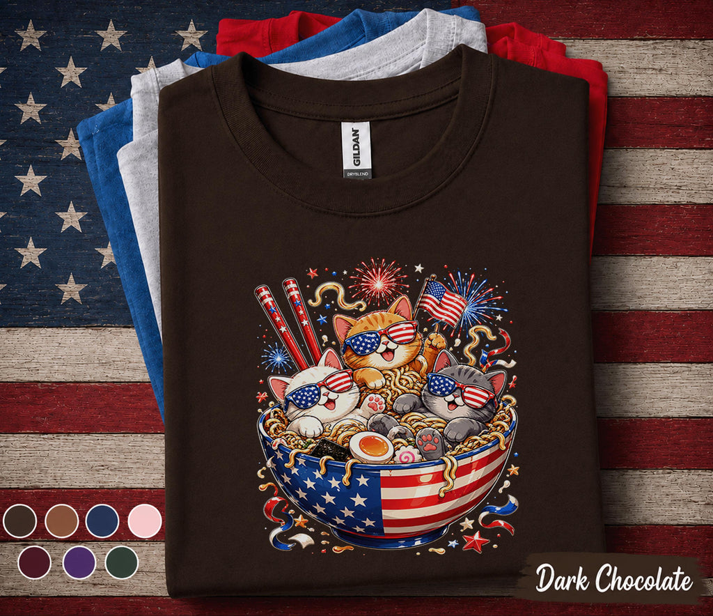 4th of July Cat Shirt, Patriotic Ramen Cat Tee, Funny American Flag Kittens T Shirt, Independence Day Fireworks Gift Top Forth of July