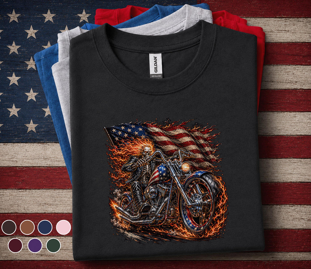 Patriotic Biker Skull Shirt, American Flag Motorcycle Tee