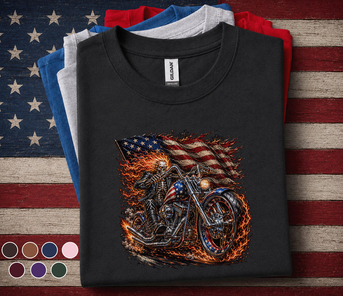Patriotic Biker Skull Shirt, American Flag Motorcycle Tee