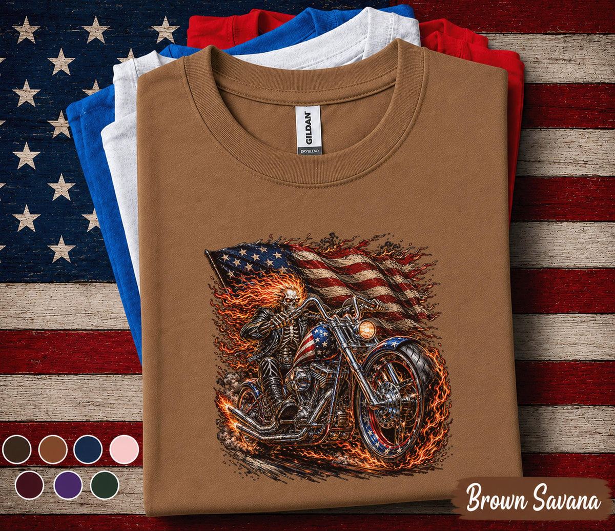 Patriotic Biker Skull Shirt, American Flag Motorcycle Tee, Flaming Skeleton Rider 4th of July Shirt, USA Freedom Forth of July Top