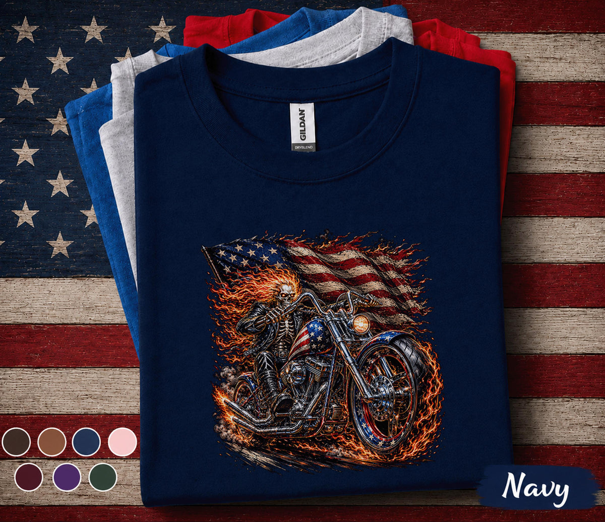 Patriotic Biker Skull Shirt, American Flag Motorcycle Tee, Flaming Skeleton Rider 4th of July Shirt, USA Freedom Forth of July Top