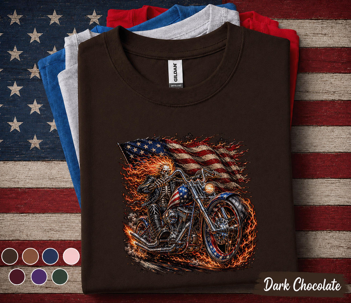 Patriotic Biker Skull Shirt, American Flag Motorcycle Tee, Flaming Skeleton Rider 4th of July Shirt, USA Freedom Forth of July Top