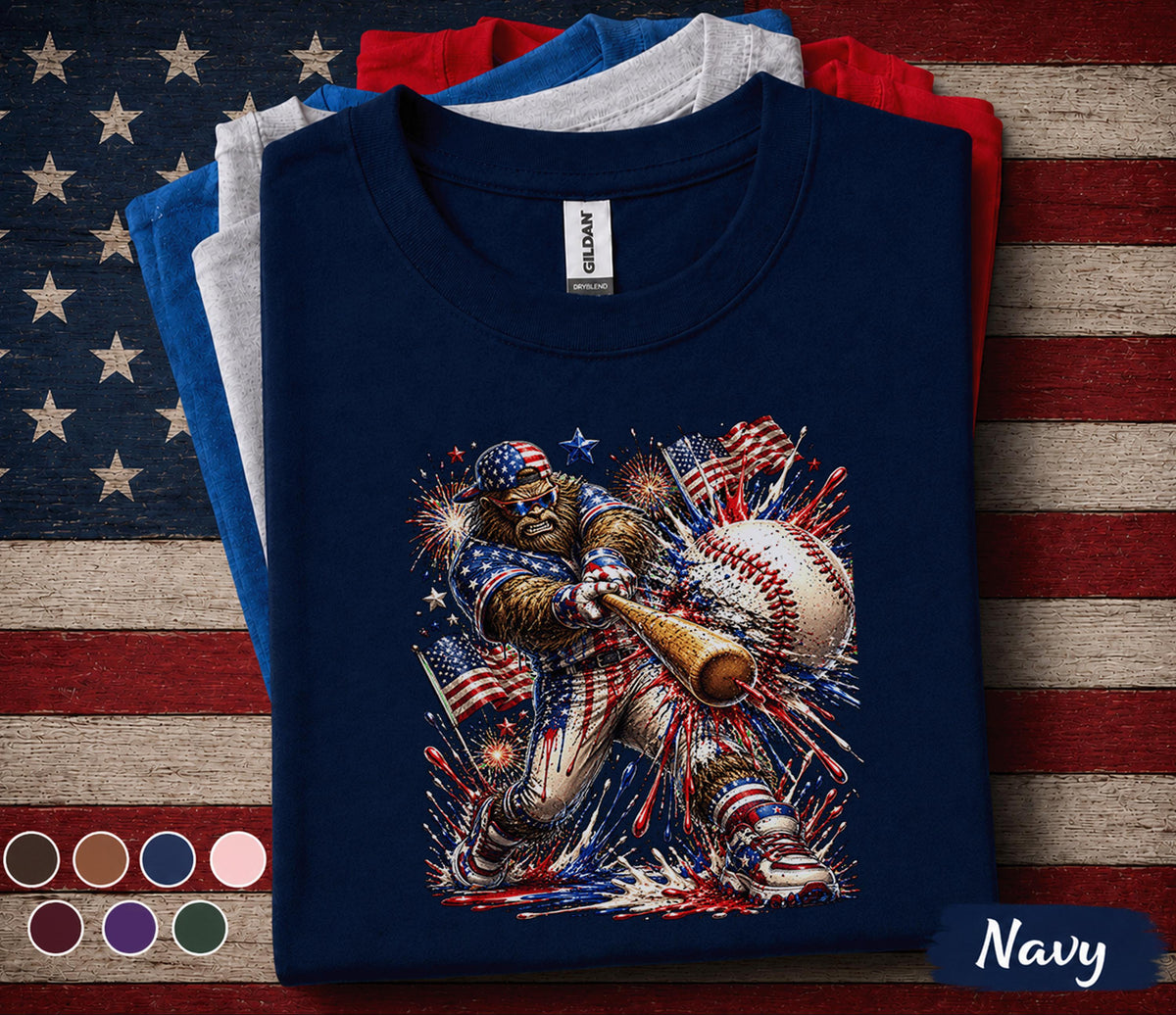 Patriotic Bigfoot Baseball Shirt, American Flag Sasquatch Batter Tee, 4th of July Baseball Fan Shirt, USA Sports Gift Top Forth of July