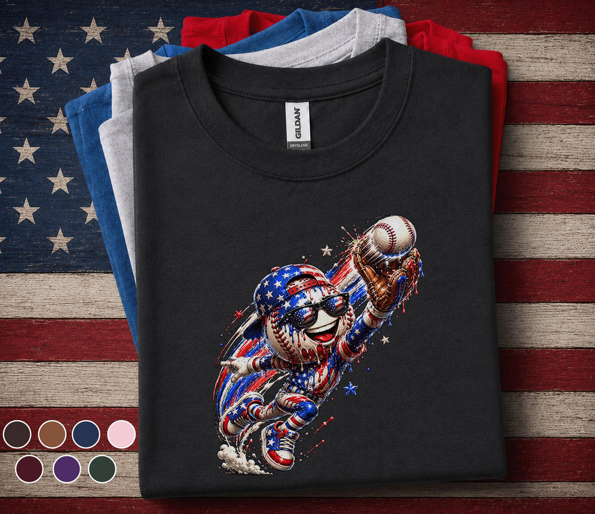 Patriotic Baseball Catcher Shirt, American Flag Baseball Drip Tee