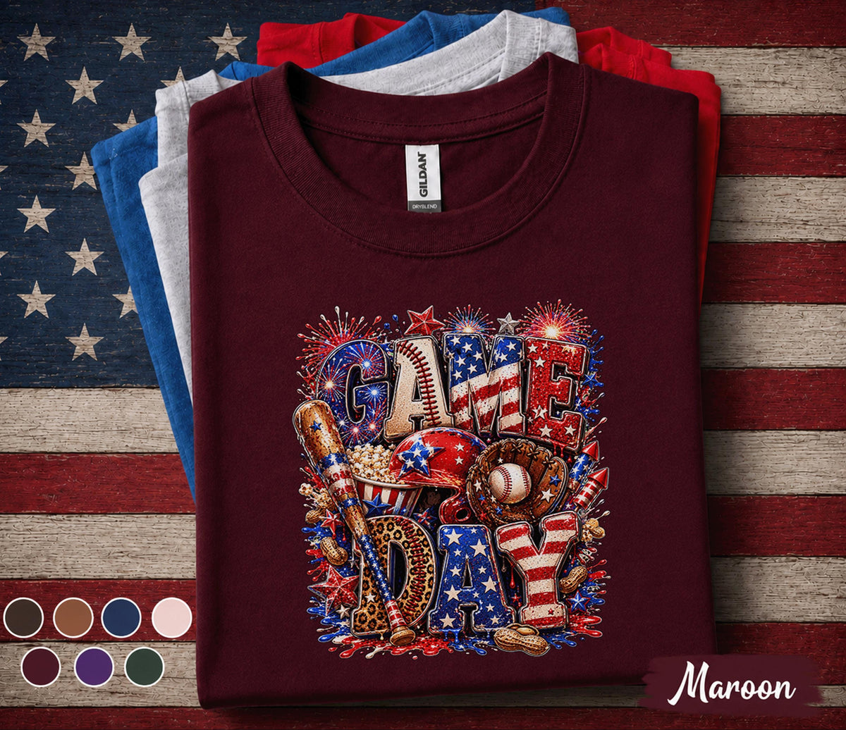Game Day Baseball Shirt, Patriotic 4th of July Baseball Tee, American Flag Sports Fan Shirt, USA Baseball Lover Gift Top Forth of July