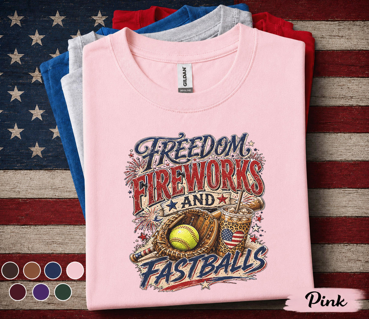 Freedom Fireworks and Fastballs Shirt, Patriotic Softball Tee, 4th of July Softball Player Shirt, American Sports Gift Top Forth of July