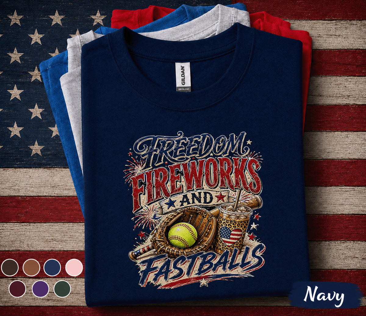 Freedom Fireworks and Fastballs Shirt, Patriotic Softball Tee, 4th of July Softball Player Shirt, American Sports Gift Top Forth of July