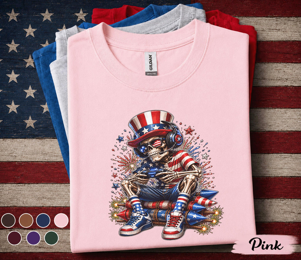 Funny Patriotic Gamer Skull Shirt, 4th of July Gaming Skeleton Tee, American Flag Gamer Shirt, Independence Day Gaming Gift Forth of July