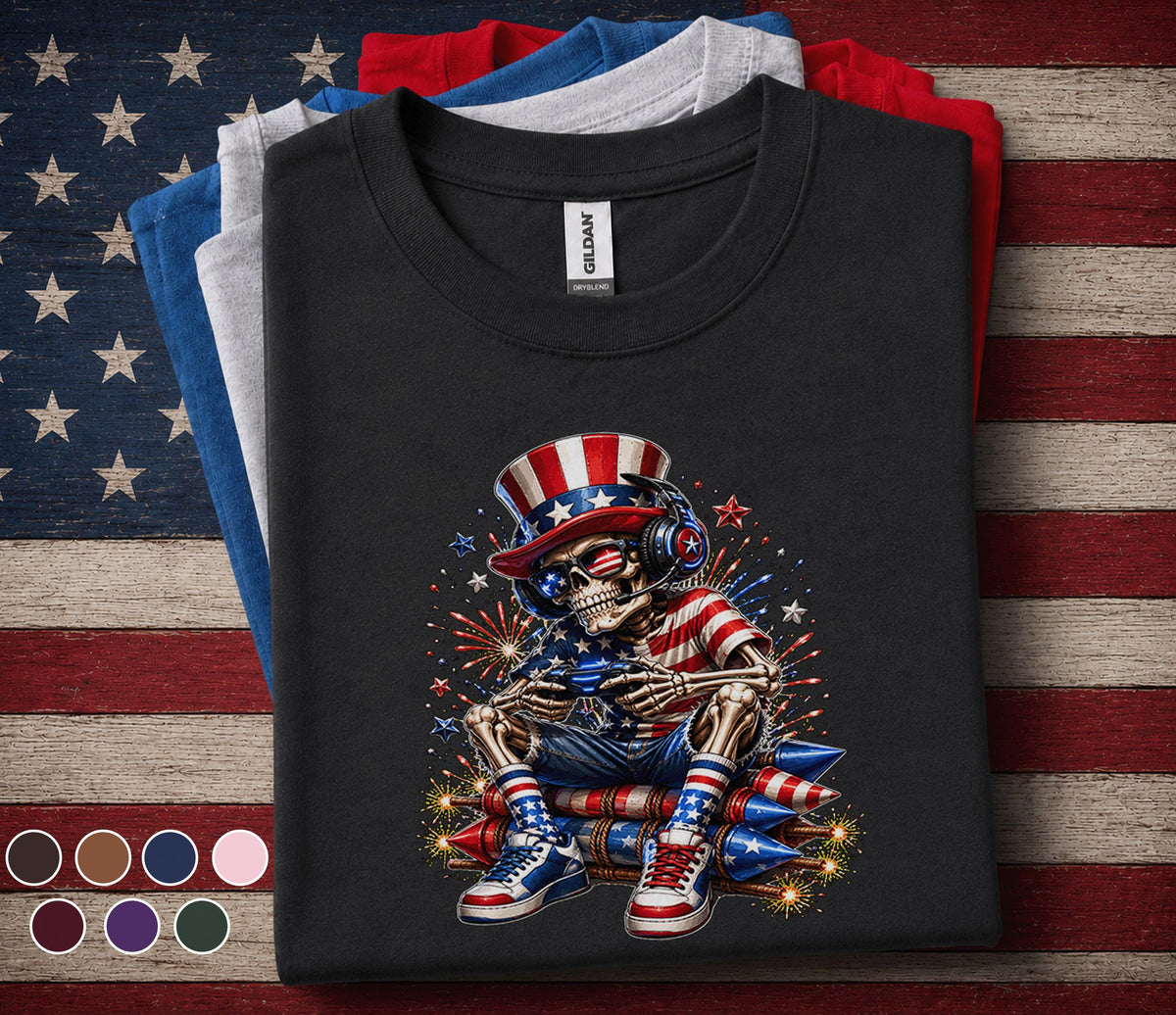 Funny Patriotic Gamer Skull Shirt, 4th of July Gaming Skeleton Tee