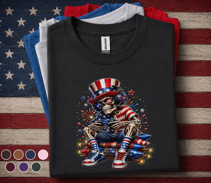 Funny Patriotic Gamer Skull Shirt, 4th of July Gaming Skeleton Tee