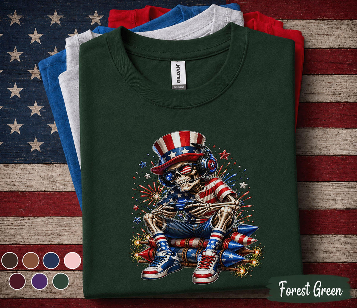 Funny Patriotic Gamer Skull Shirt, 4th of July Gaming Skeleton Tee, American Flag Gamer Shirt, Independence Day Gaming Gift Forth of July