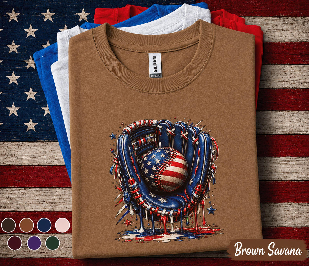 Patriotic Baseball Glove Shirt, American Flag Baseball Tee, 4th of July Baseball Drip Shirt, USA Sports Independence Day Gift Forth of July