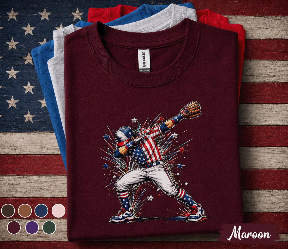 Patriotic Baseball Dabbing Shirt, American Flag Baseball Player Tee, Funny 4th of July Baseball Shirt, USA Sports Fan Gift Top Forth of July