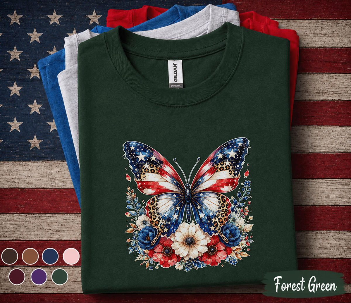 Patriotic Butterfly Shirt, American Flag Butterfly Tee, Floral USA Independence Day Shirt, 4th of July Women Patriotic Gift Forth of July