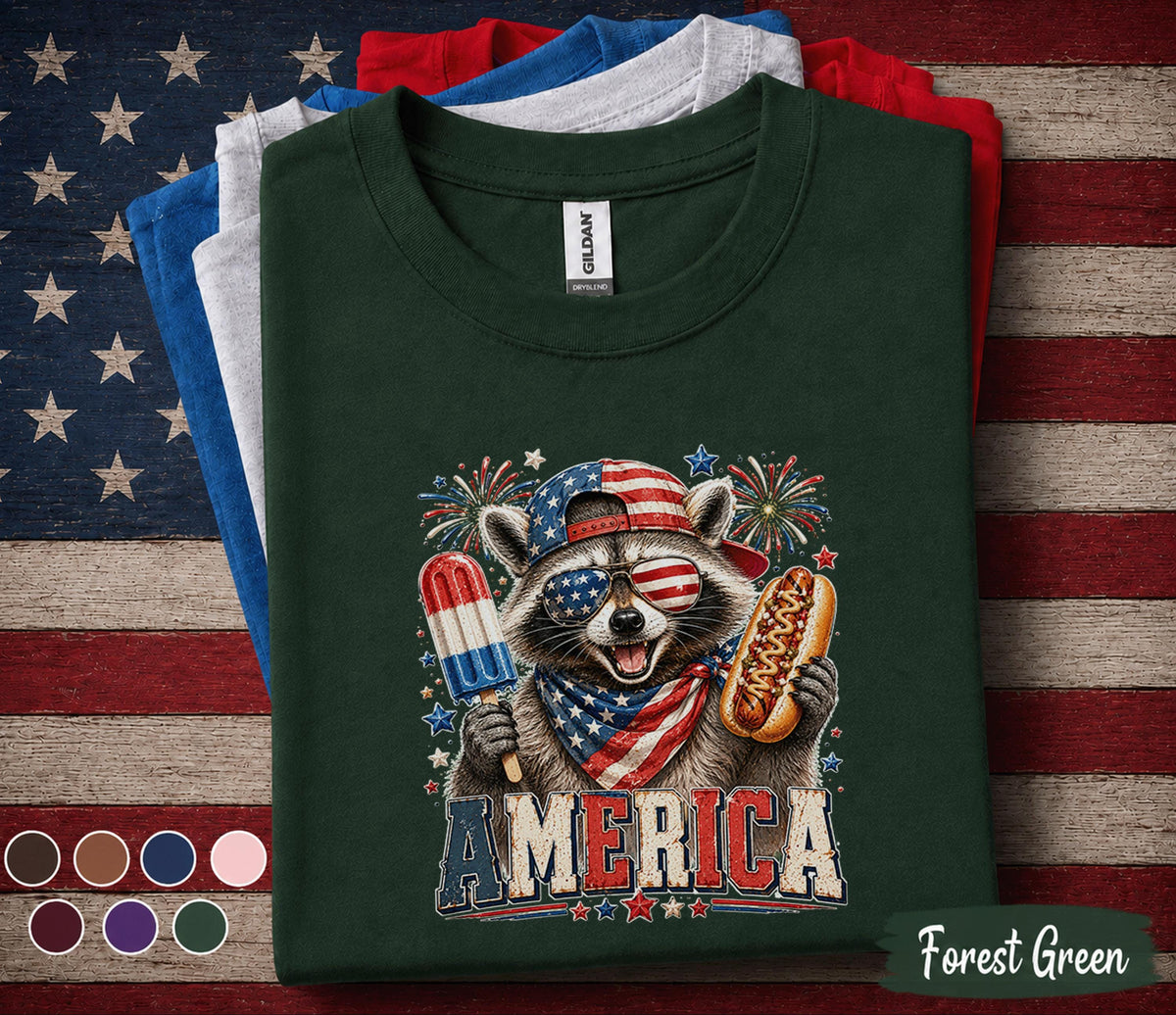 Patriotic Raccoon Shirt, America Raccoon Tee, Funny 4th of July Shirt, USA Popsicle Hot Dog Independence Day Party Top Forth of July