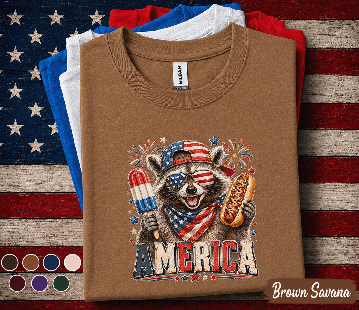 Patriotic Raccoon Shirt, America Raccoon Tee, Funny 4th of July Shirt, USA Popsicle Hot Dog Independence Day Party Top Forth of July