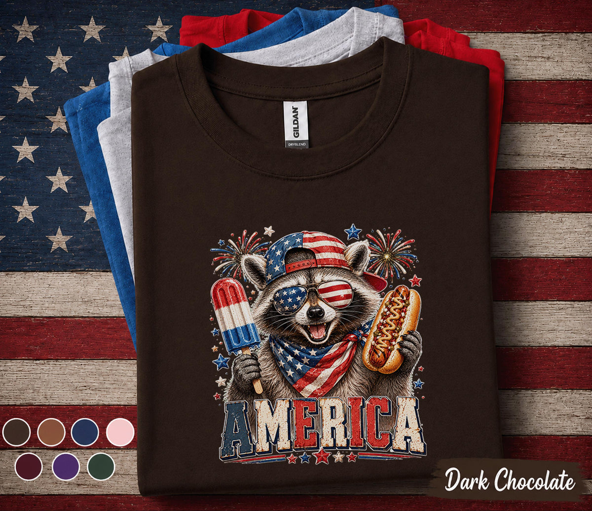 Patriotic Raccoon Shirt, America Raccoon Tee, Funny 4th of July Shirt, USA Popsicle Hot Dog Independence Day Party Top Forth of July