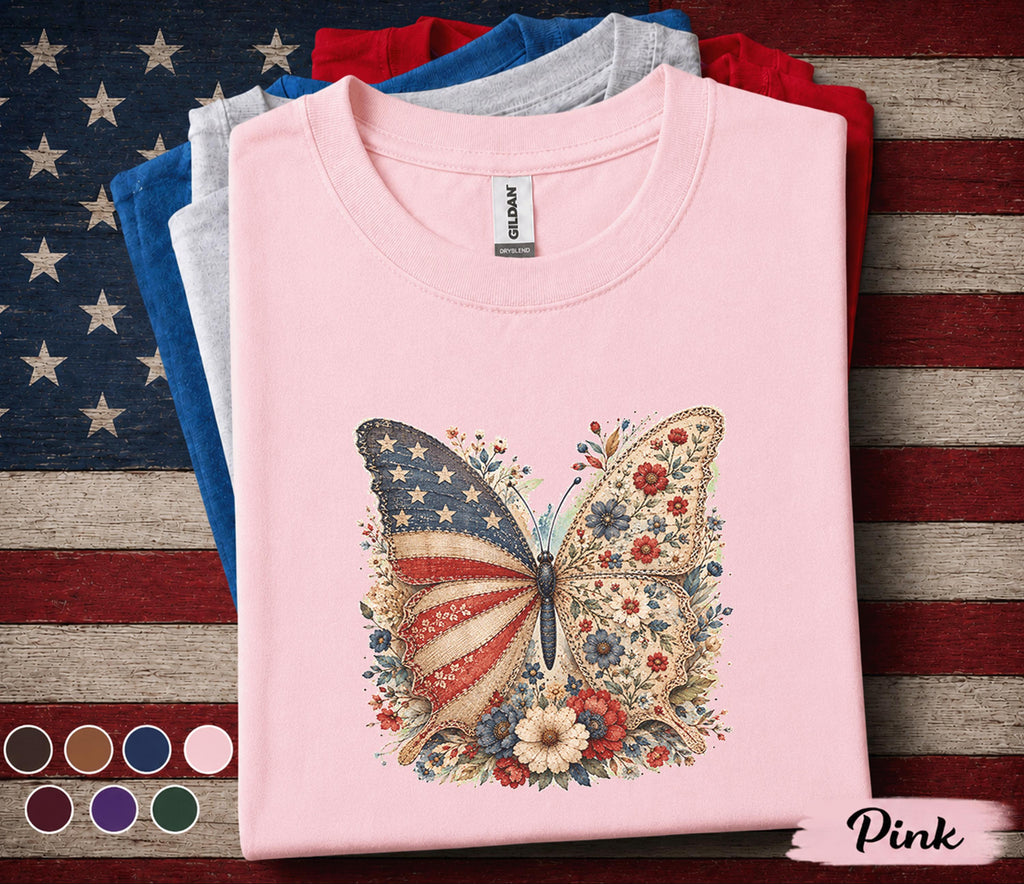 Patriotic Butterfly Shirt, 4th of July Floral Butterfly Tee