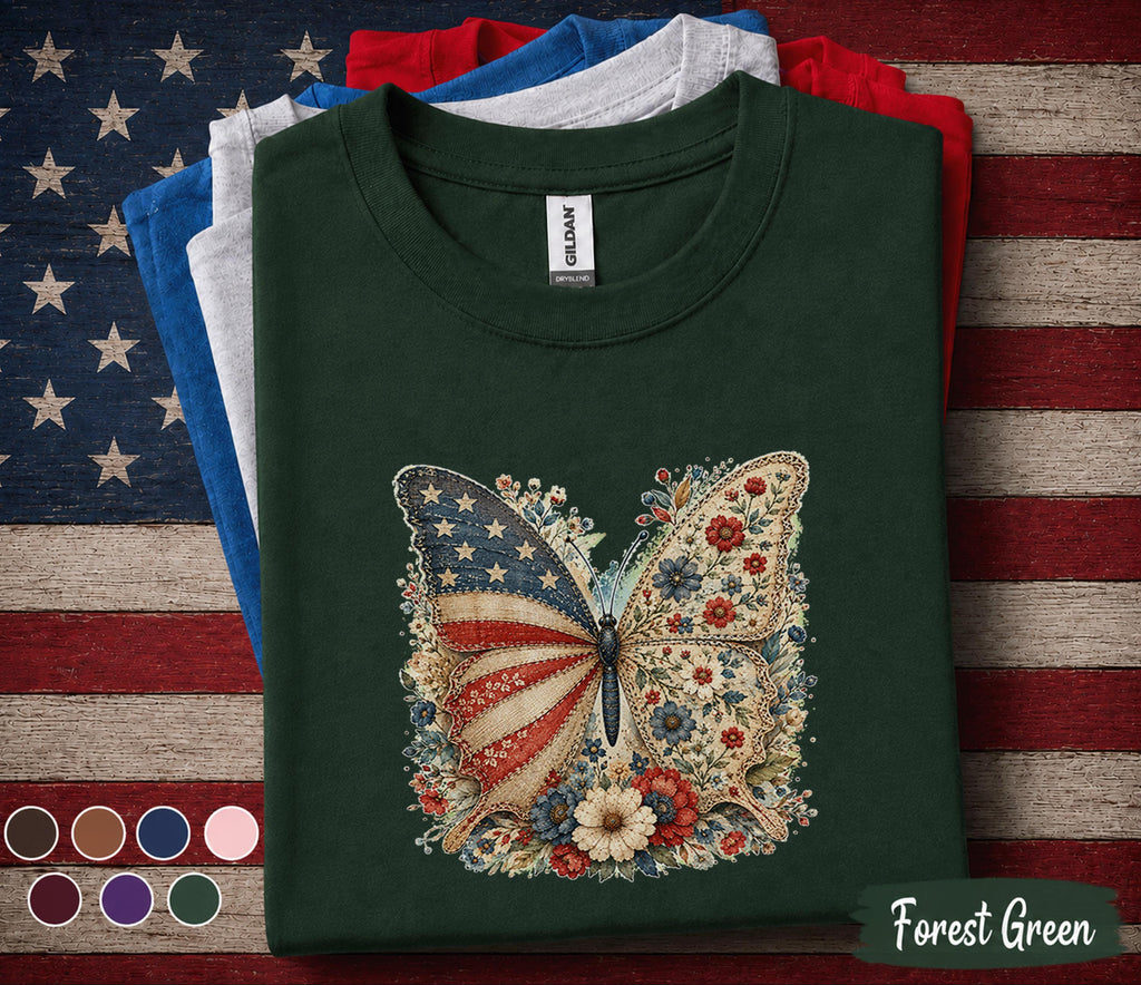 Patriotic Butterfly Shirt, 4th of July Floral Butterfly Tee, Vintage American Flag Shirt, Independence Day Women Forth of July Top