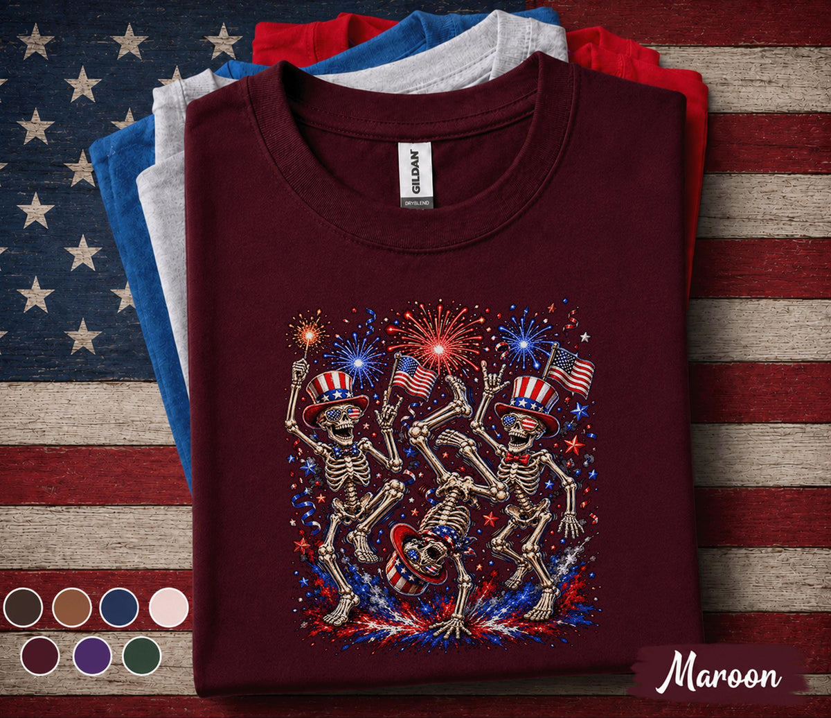 Patriotic Skeleton Shirt, 4th of July Skeleton Dance Tee, Funny USA Fireworks Shirt, Independence Day Party Forth of July Top