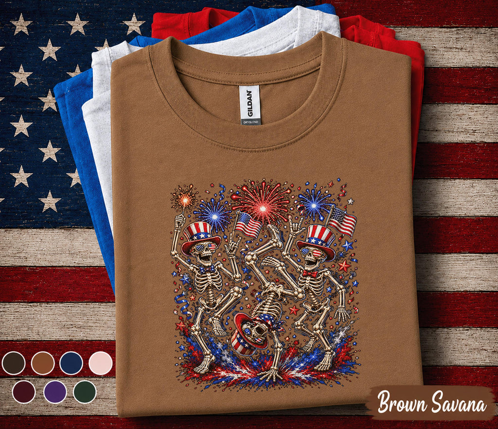 Patriotic Skeleton Shirt, 4th of July Skeleton Dance Tee, Funny USA Fireworks Shirt, Independence Day Party Forth of July Top