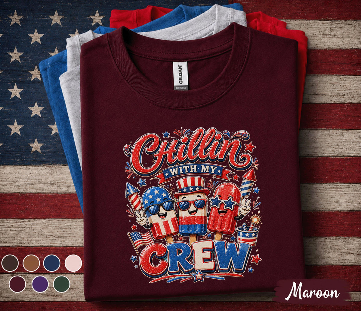 Chillin With My Crew Shirt, Patriotic Popsicle 4th of July Tee, Funny Independence Day Party Shirt, Red White Blue Summer Top Forth of July