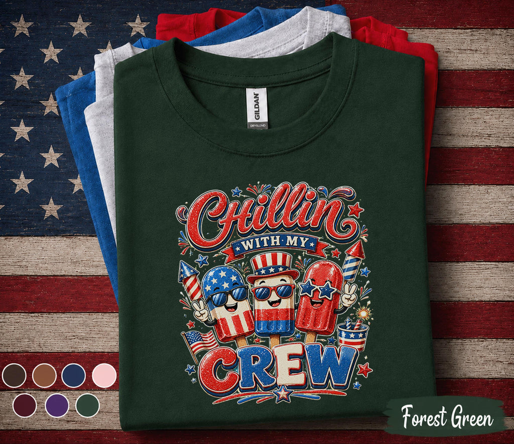 Chillin With My Crew Shirt, Patriotic Popsicle 4th of July Tee, Funny Independence Day Party Shirt, Red White Blue Summer Top Forth of July