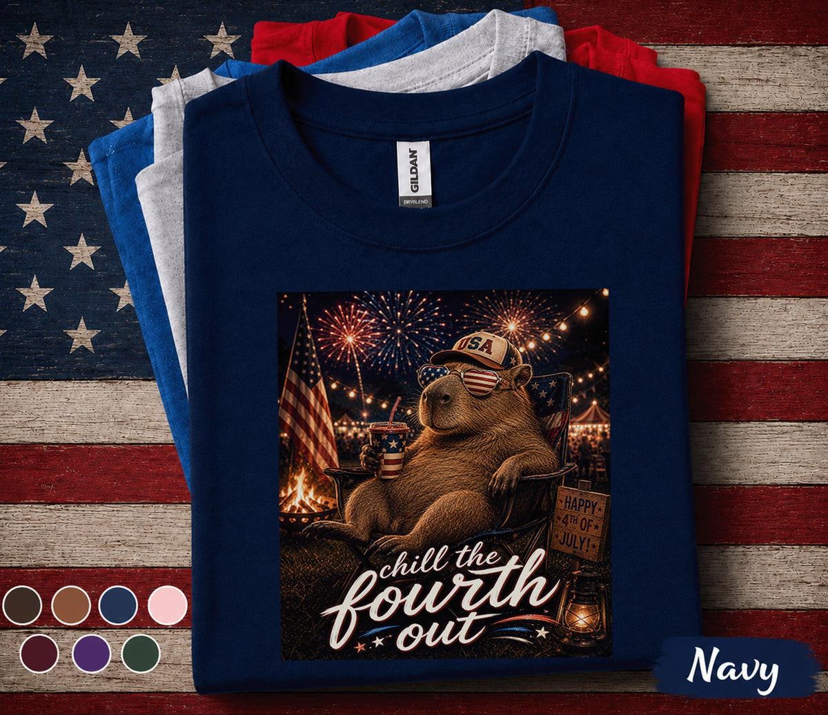 Chill The Fourth Out Capybara Shirt, Funny 4th of July Capybara Tee, Patriotic USA Animal Shirt Fireworks Independence Day Top Forth of July