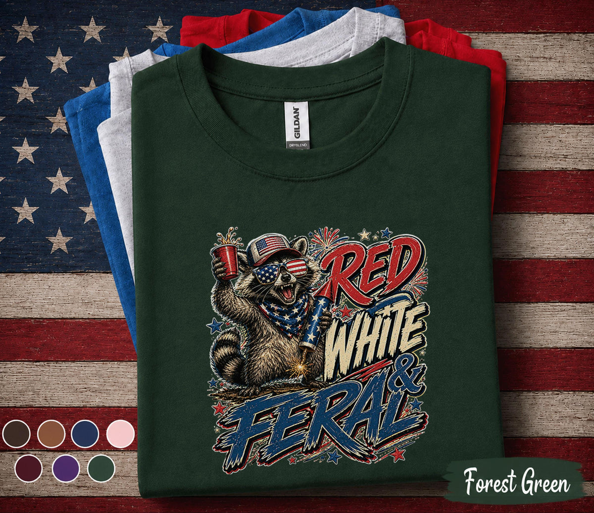 Red White And Feral Raccoon Shirt, Funny 4th of July Raccoon Tee, Patriotic America Fireworks Party Shirt, Independence Gift Forth of July