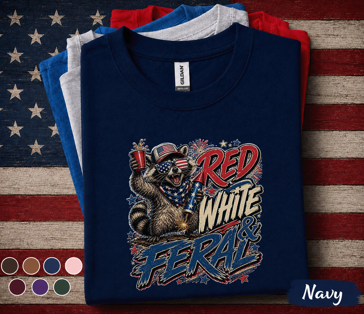 Red White And Feral Raccoon Shirt, Funny 4th of July Raccoon Tee, Patriotic America Fireworks Party Shirt, Independence Gift Forth of July