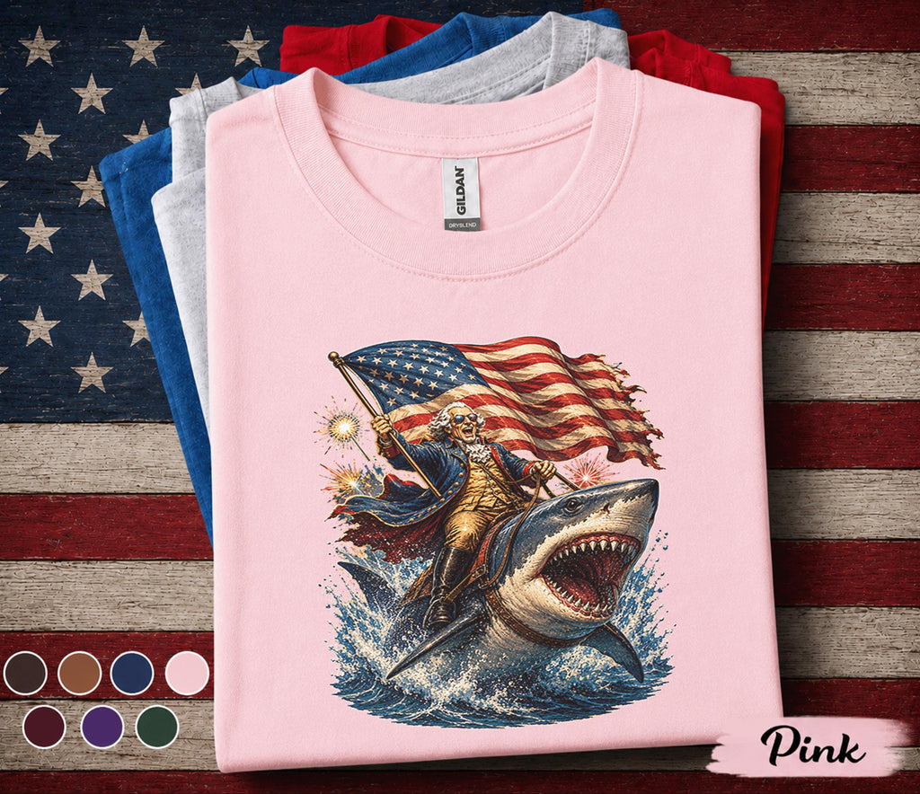 George Washington Riding Shark Shirt, Funny Patriotic 4th of July Tee, American Flag Fireworks USA Independence Day Shirt Forth of July