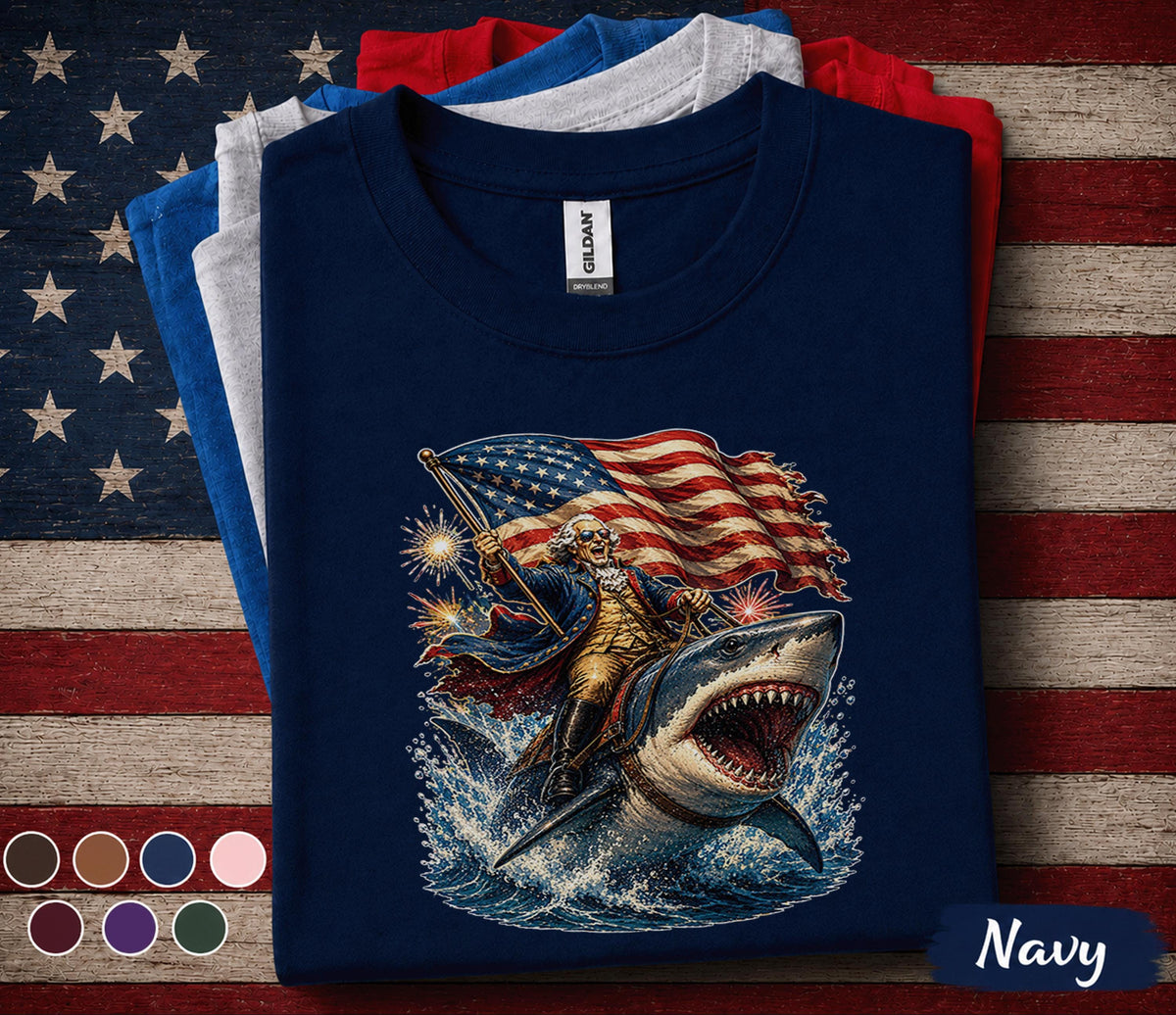 George Washington Riding Shark Shirt, Funny Patriotic 4th of July Tee, American Flag Fireworks USA Independence Day Shirt Forth of July