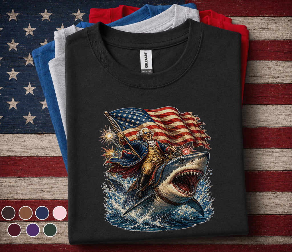 George Washington Riding Shark Shirt, Funny Patriotic 4th of July Tee