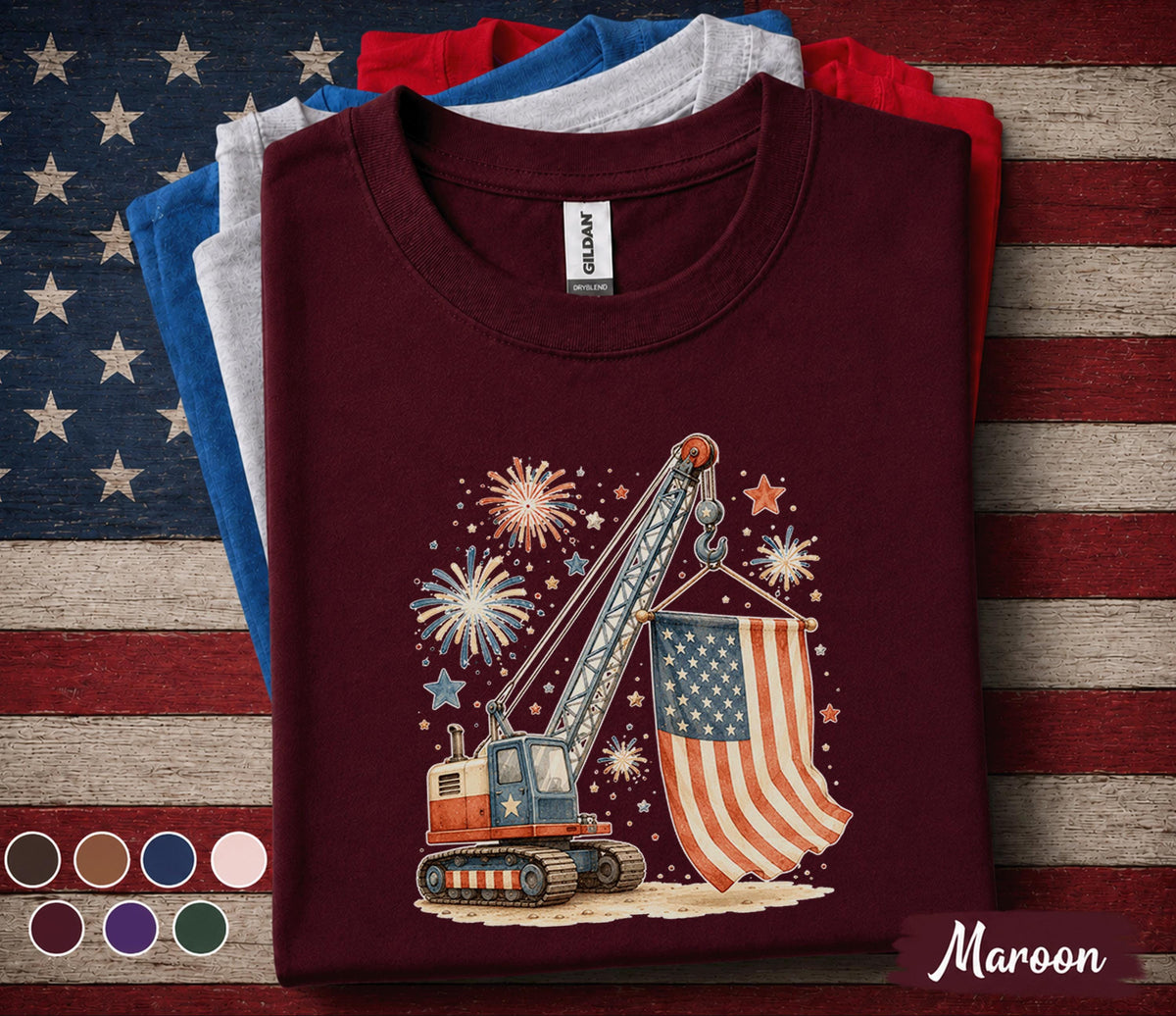 Patriotic Construction Worker Shirt, Kids Boy 4th of July Tee, American Flag Heavy Equipment Shirt, USA Independence Day Gift Forth of July